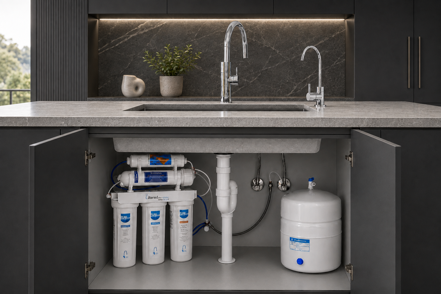 5-stage reverse osmosis system beneath a kitchen sink
